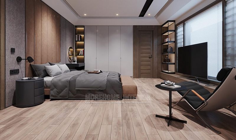 Thiết kế phòng ngủ với nội thất giường bọc sofa đẹp gam màu nâu sang trọng