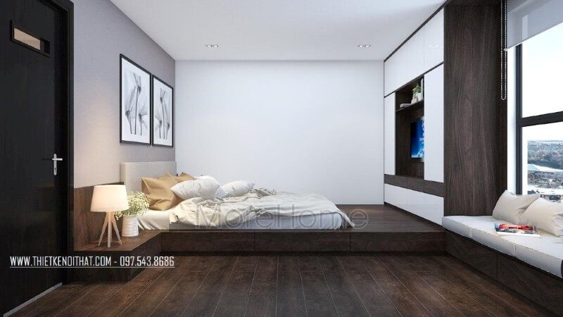 Bộ giường ngủ độc đáo được thiết kế theo phong cách Nhật Bản, phần dưới được phân chia thành nhiều ngăn tủ nhỏ giúp cho gia chủ dễ dàng lưu trữ vật dụng, quần áo của mình.