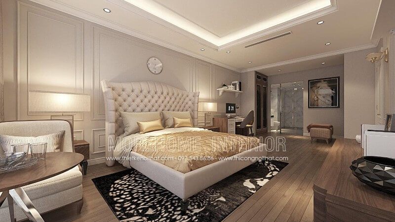 Mẫu giường ngủ phòng Master được thiết kế theo phong cách tân cổ điển kết hợp màu sắc nhẹ nhàng mang lại sự thoải mái nhất cho người sử dụng