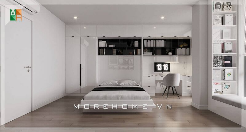 Mẫu giường ngủ hiện đại là điểm nhấn căn phòng ngủ được đặt giữa không gian phòng cùng tone màu trắng chủ đạo rất tinh tế.