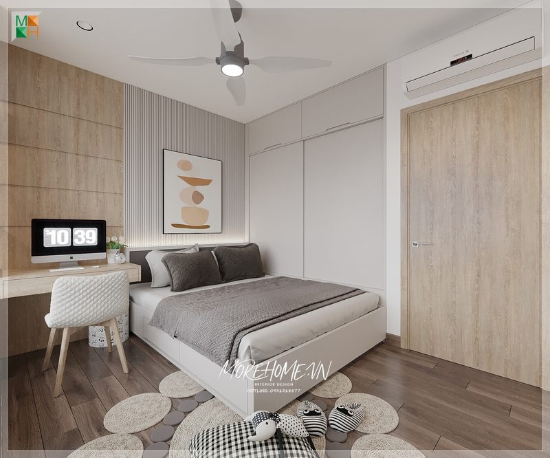 Chiếc giường ngủ gỗ công nghiệp màu trắng góp phần tô điểm thêm giá trị thẩm mỹ cho không gian căn phòng.